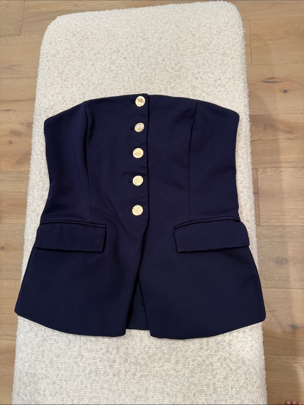 Strapless Navy Bustier Blazer with Gold Buttons skies are blue small worn once